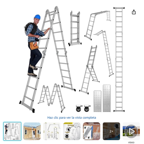 Escalera multiusos de aluminio Joparri mostrando sus 7 configuraciones diferentes junto a un trabajador de perfil.