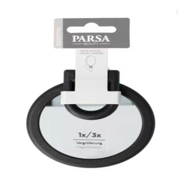 Espejo de viaje Parsa, acabado en goma, doble aumento 1x/3x, compacto y resistente. Ideal para bolso y viajes. ¡Descúbrelo!
