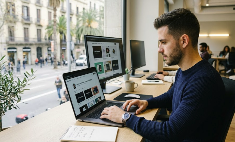 Guía de la plataforma Contra para freelancers 2 Un diseñador gráfico español trabajando en su portafolio profesional en la plataforma Contra desde un espacio de coworking en Barcelona.