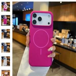 Funda MagSafe para iPhone 17 de silicona en color rosa con carga inalámbrica