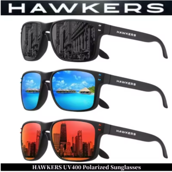 Gafas de sol HAWKERS polarizadas cuadradas de moda Gafas de sol HAWKERS polarizadas con lentes de espejo rojas y naranjas y montura negra mate