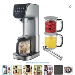 Heladera Ufesa Gelatella con tecnología CreamPulse y accesorios Heladera Ufesa Gelatella de acero inoxidable con tarrinas de helado de frutas y cuchara para servir.
