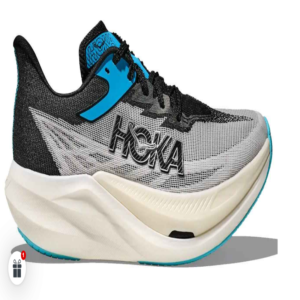 Hoka Rocket X 3 perfil lateral gris y azul Zapatillas de competición Hoka Rocket X 3 con placa de carbono en oferta