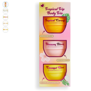 Trío de cremas corporales hidratantes de verano I Heart Revolution Caja en torre con tres botes de cremas del i heart revolution tropical trip body cream trio