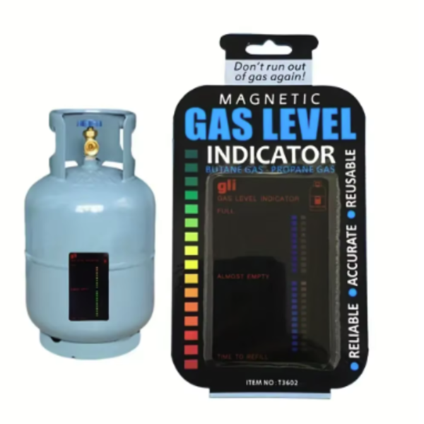 Indicador de nivel de gas magnético GLI colocado sobre una bombona azul para medir propano y butano Title: Indicador de nivel de gas magnético GLI