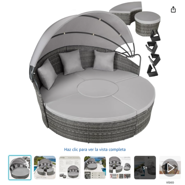 Conjunto de jardín tectake isla de ratán con cojines y toldo plegable gris.