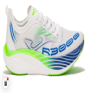 Joma R3000 perfil lateral blanco, azul y verde Zapatillas de competición Joma R3000 con placa de carbono en oferta