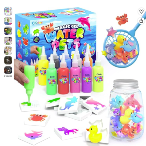 Juguete de gel de agua mágico Coodoo manualidades infantiles Juguete de gel de agua mágico Coodoo Aqua Gelz con botes de colores, moldes de animales marinos y un tarro lleno de figuras de hidrogel terminadas.