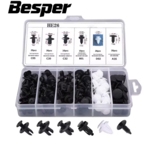 Kit de sujetadores automotrices Besper ordenados en su caja clasificadora transparente con muestras en el exterior