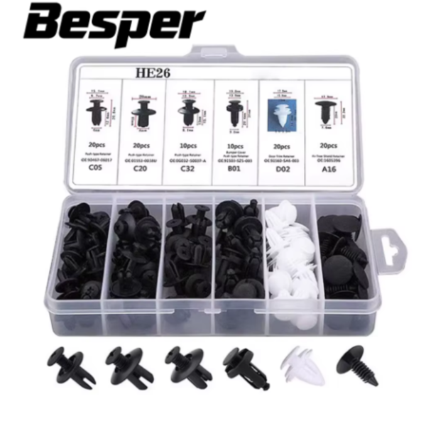 Kit de sujetadores automotrices Besper ordenados en su caja clasificadora transparente con muestras en el exterior