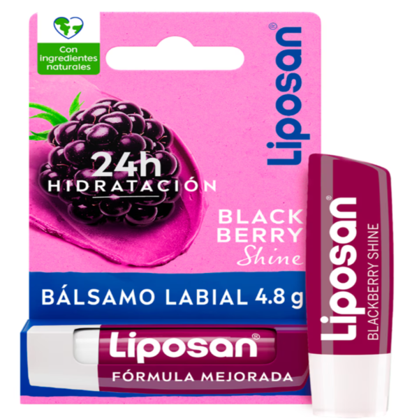 Liposan Blackberry Shine Bálsamo Labial Sabor Mora protector labial Liposan Blackberry Shine Bálsamo Labial Sabor Mora de 4,8 gramos en su envase blister original mostrando hidratación de 24 horas