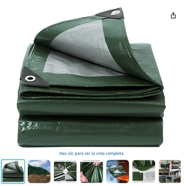 Lona impermeable con ojales VOGANLL doblada de color verde militar y reverso plateado.