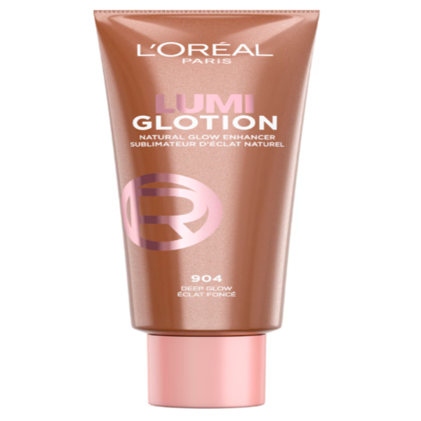 Tubo y textura fluida de L'Oréal Paris Lumi Glotion 904 Deep iluminador facial