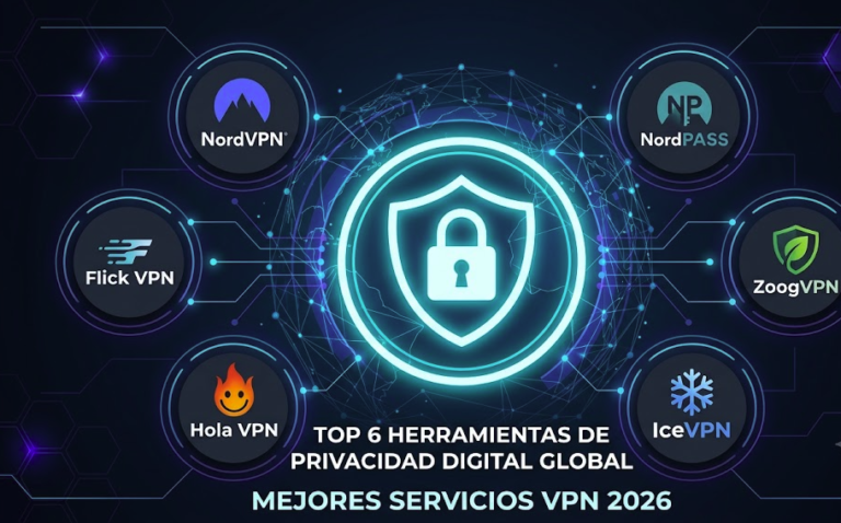 Mejores Servicios VPN: Análisis Completo y Guía de Configuración Expert 4 Infografía en español que muestra los mejores servicios vpn como NordVPN, ZoogVPN, NordPass, IceVPN, Hola VPN y Flick VPN alrededor de un escudo de seguridad digital.