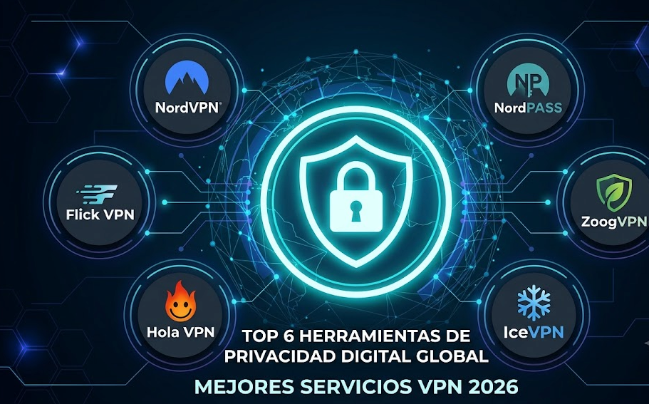 Mejores Servicios VPN: Análisis Completo y Guía de Configuración Expert 1 Infografía en español que muestra los mejores servicios vpn como NordVPN, ZoogVPN, NordPass, IceVPN, Hola VPN y Flick VPN alrededor de un escudo de seguridad digital.