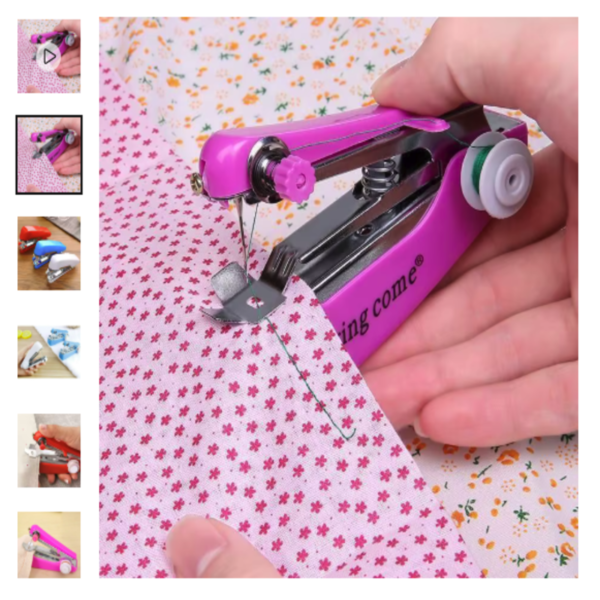 Mini máquina de coser manual Spring Come de color rosa reparando una tela floreada.