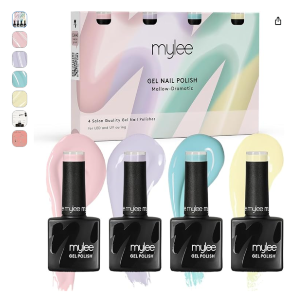 Pack de cuatro botes y caja del mylee set de esmalte de uñas gel semipermanente Mallow Dramatic