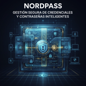 NordPass: Bóveda digital y gestión inteligente de contraseñas Representación visual de la bóveda digital NordPass cifrando credenciales y contraseñas de forma segura.