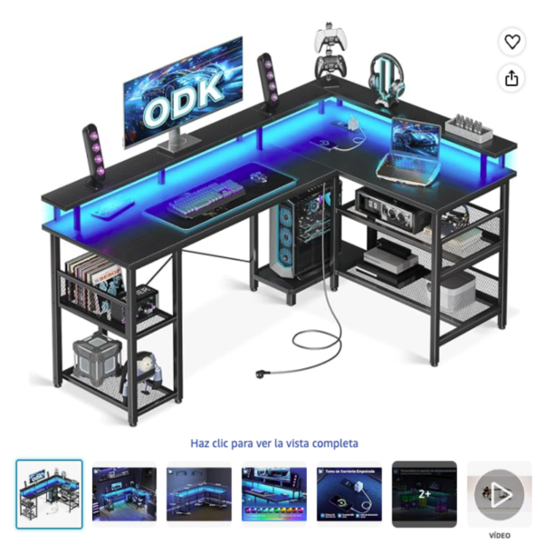 ODK mesa gaming con led reversible de color negro en forma de L mostrando su iluminacion azul y conexiones USB