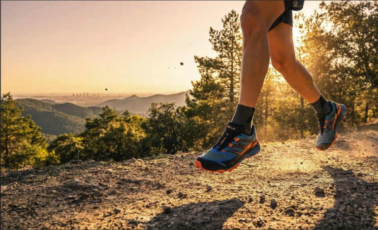 ¿Buscas zapatillas de running? Las mejores ofertas están en Bikila 1 Corredor disfrutando de ofertas en zapatillas de running profesionales en un sendero de montaña.