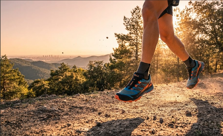¿Buscas zapatillas de running? Las mejores ofertas están en Bikila 1 Corredor disfrutando de ofertas en zapatillas de running profesionales en un sendero de montaña.
