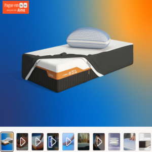 Pack colchón Emma Performance+ con almohada sobre fondo azul y naranja