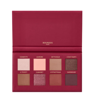 Paleta de sombras Bourjois Cherry Glamour Soirs de Bourjois Paleta de sombras Bourjois Cherry Glamour abierta mostrando sus 8 tonos y su caja exterior decorada con estrellas doradas.
