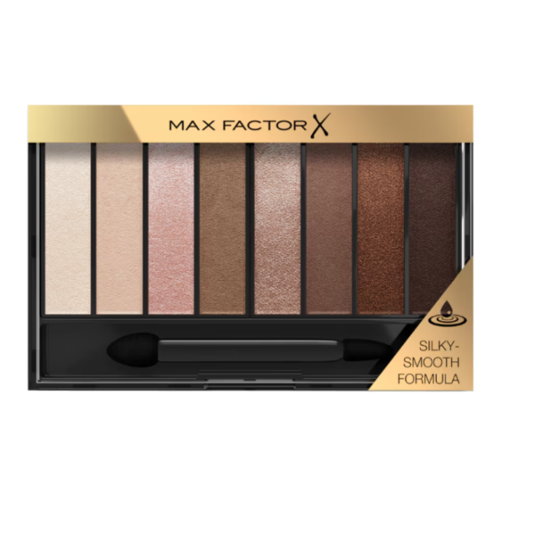 Paleta de sombras Cappuccino Nudes Max Factor cerrada y abierta mostrando sus 8 tonos