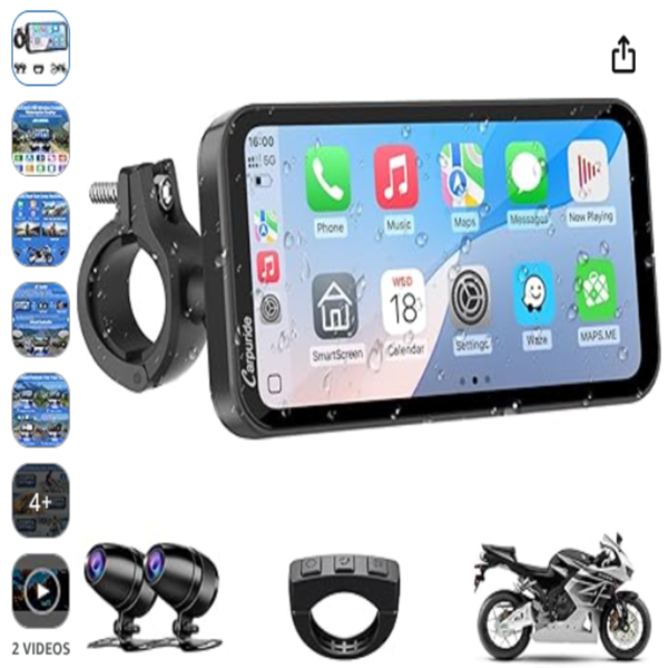 Pantalla carplay moto Carpuride 603 instalada en el manillar mostrando la interfaz de mapas y aplicaciones.