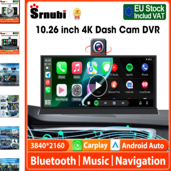 Pantalla CarPlay Srnubi 4K DVR Pantalla CarPlay Srnubi 10.26 pulgadas con cámara DVR 4K
