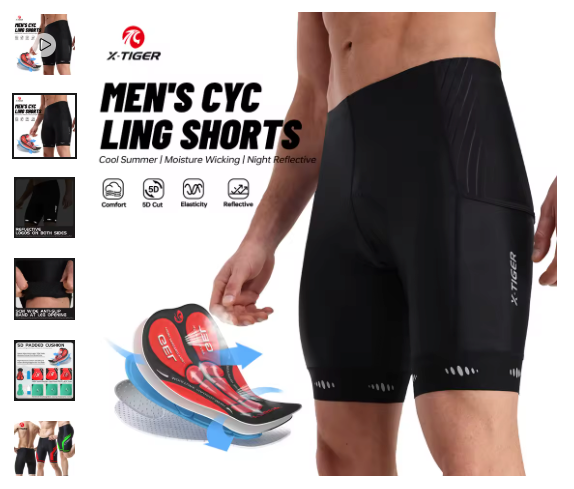 Pantalones cortos de ciclismo para hombre X-Tiger en color negro mostrando el diseño de la badana de gel 5D.