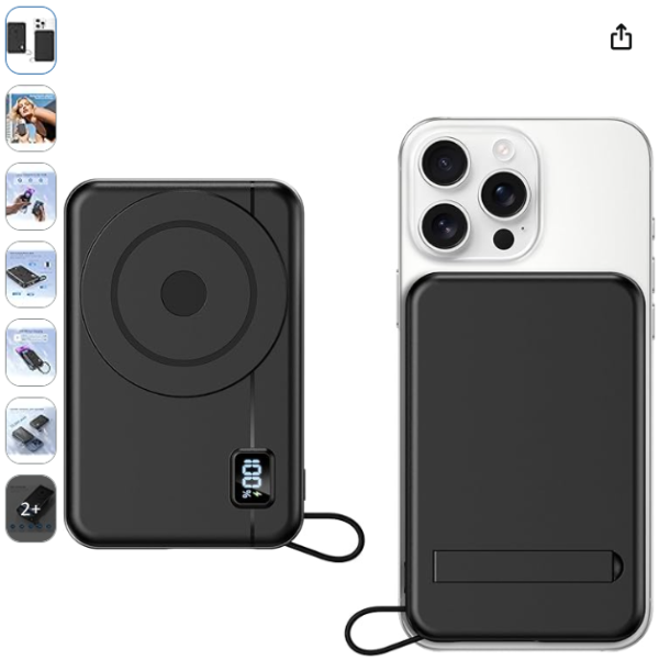 power bank magnetico mscsaz 10000mah de color negro adherido a un smartphone