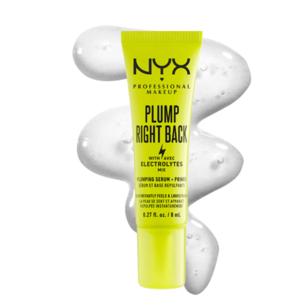 primer facial nyx plump right back de 8 ml de color amarillo con muestra de gel transparente de fondo