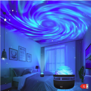 Proyector LED de galaxia iluminando un dormitorio moderno