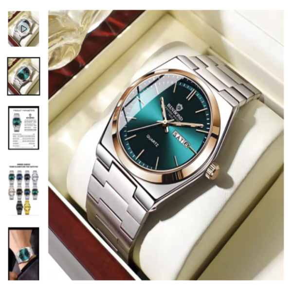 Reloj de pulsera de cuarzo para hombre Binbond con dial verde y armis de acero inoxidable