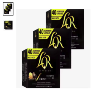 Ristretto L'Or cápsulas de café espresso empaque familiar Maxi pack de tres cajas de Ristretto L'Or cápsulas de café espresso intensidad 11 en envase de aluminio negro y dorado.