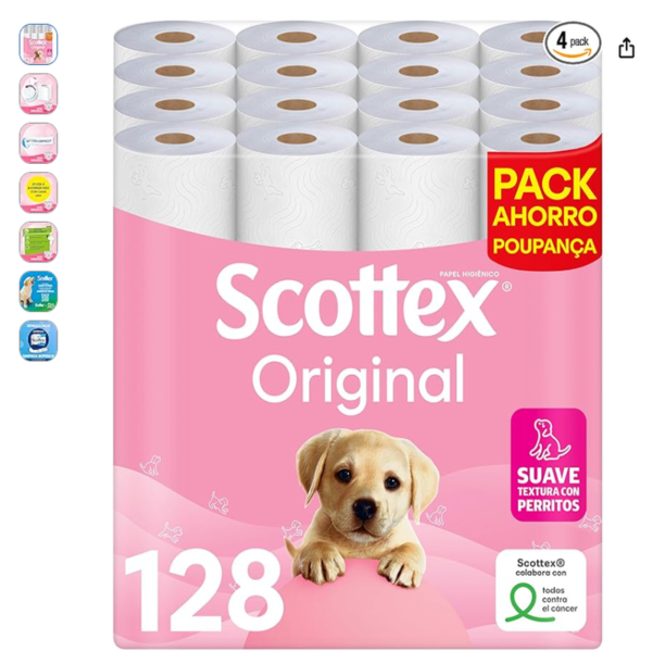 Pack Ahorro de 128 rollos de papel higiénico Scottex Original con imagen de perrito
