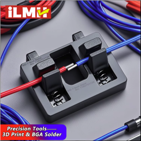 soporte magnético para soldadura de cables iLMi sujetando firmemente dos conductores eléctricos sobre una mesa