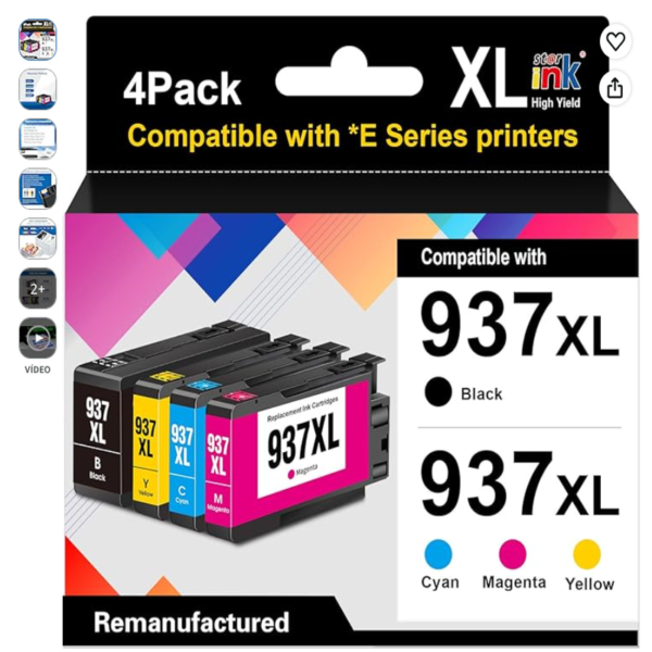 Pack de 4 cartuchos de tinta remanufacturados Starink 937XL compatibles con impresoras HP