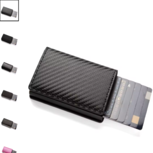 Tarjetero antirrobo RFID de cuero PU en color negro fibra de carbono