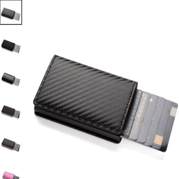 Tarjetero antirrobo RFID de cuero PU en color negro fibra de carbono