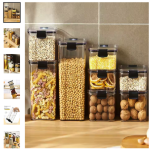 Tarros sellados para cocina a prueba de humedad Conjunto de tarros sellados transparentes organizando granos y alimentos en una estantería de cocina