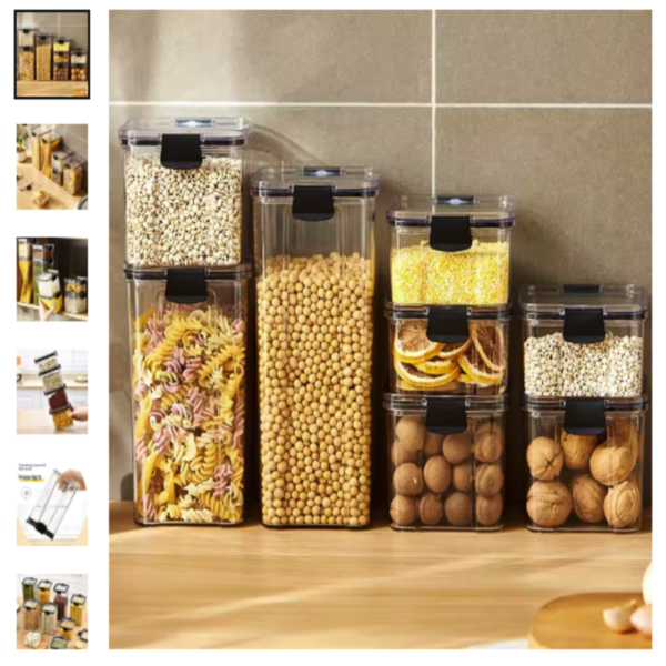 Tarros sellados para cocina a prueba de humedad Conjunto de tarros sellados transparentes organizando granos y alimentos en una estantería de cocina
