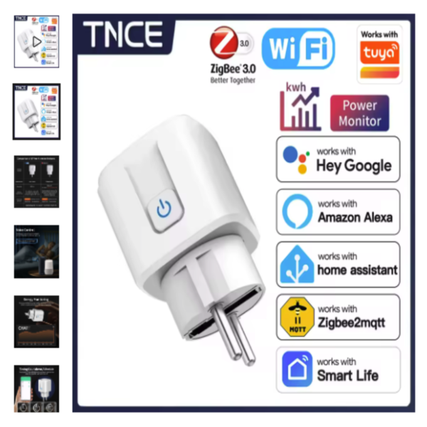 TNCE TUYA enchufe inteligente WiFi o Zigbee3.0 color blanco con logotipo de compatibilidad