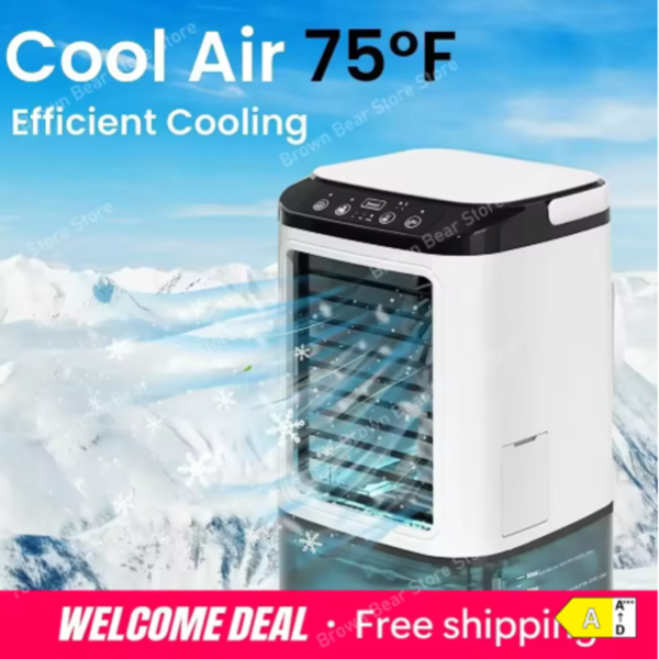 Ventilador portátil con aire acondicionado Cool Air para mesa Ventilador portátil con aire acondicionado Cool Air expulsando una brisa fresca frente a un fondo montañoso nevado