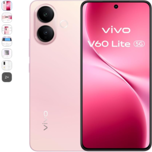 Telefono móvil vivo v60 lite 5g con gran almacenamiento Smartphone vivo v60 lite 5g en color rosa mostrando su parte trasera con doble camara y su pantalla frontal amoled.