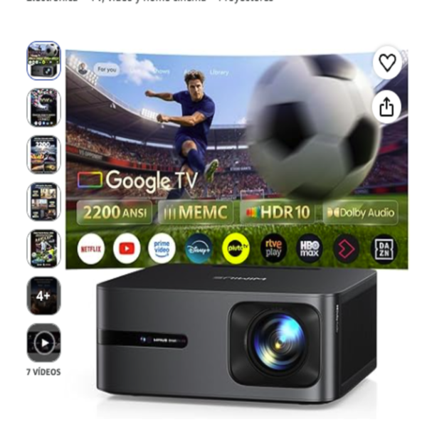 Wimius proyector 4k con google tv inteligente de color negro mostrando el lente frontal y una proyeccion de futbol de fondo