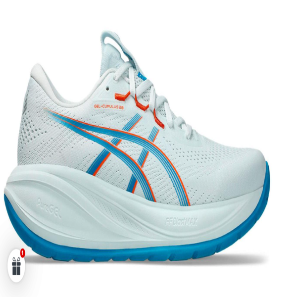 Zapatillas Asics Cumulus 28 running hombre Zapatillas Asics Cumulus 28 para hombre de running en color blanco y azul con detalles naranjas