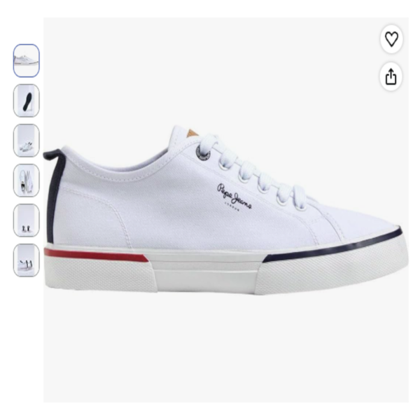 Zapatillas casual de lona Pepe Jeans deportivas blancas Zapatillas casual de lona Pepe Jeans PMS30811 de color blanco con detalles en azul y rojo en la suela.