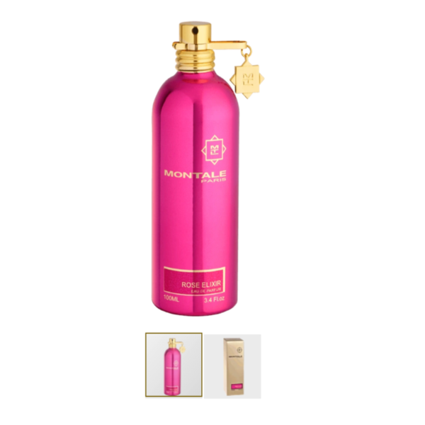 Frasco de perfume Rose Elixir Montale Eau de Parfum rosa fucsia con colgante dorado